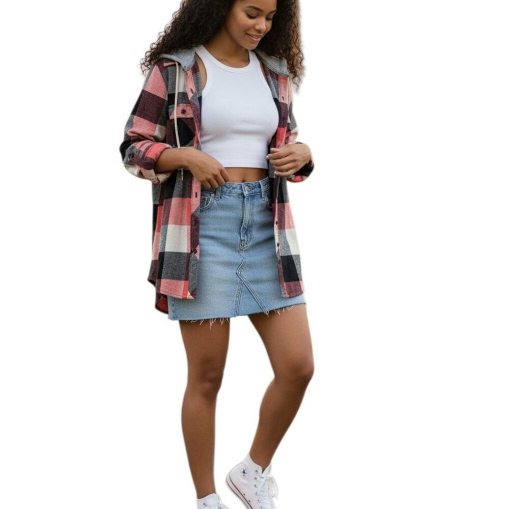Adam Levine Women's Flannel Button Up Hoodie Top, Red Black White, Size L
